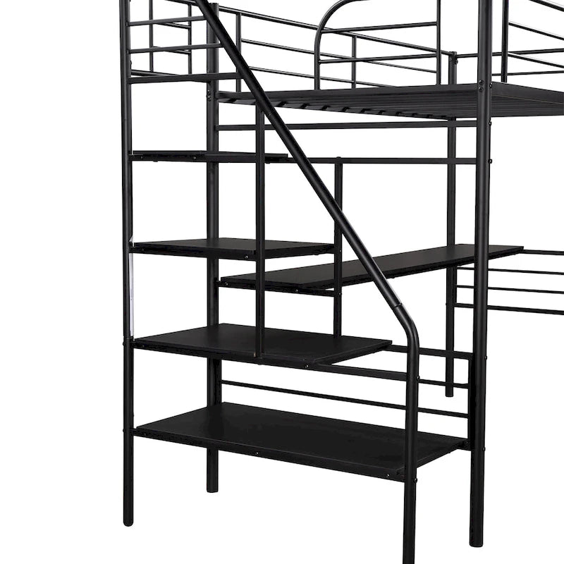 Lit mezzanine double en métal noir avec bureau, aucun sommier tapissier requis