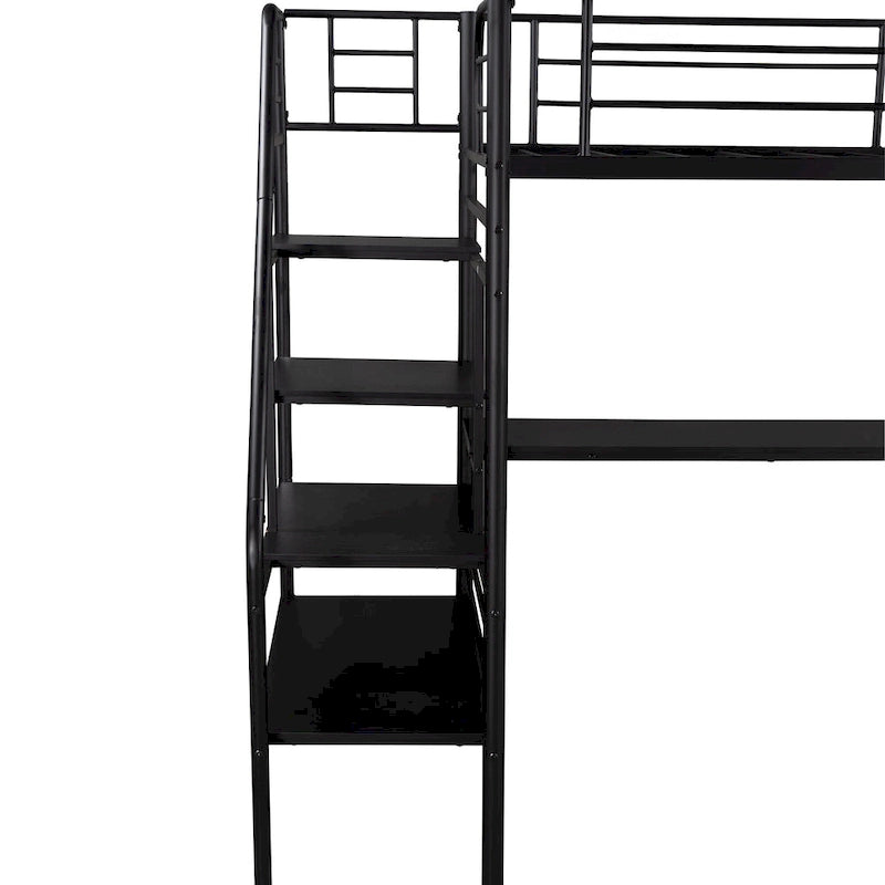 Lit mezzanine double en métal noir avec bureau, aucun sommier tapissier requis