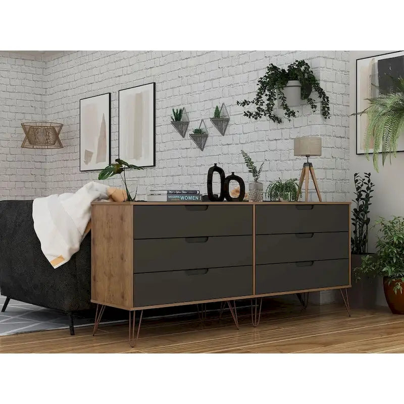 Commode basse double à 6 tiroirs avec pieds en métal, rangement moderne pour chambre à coucher