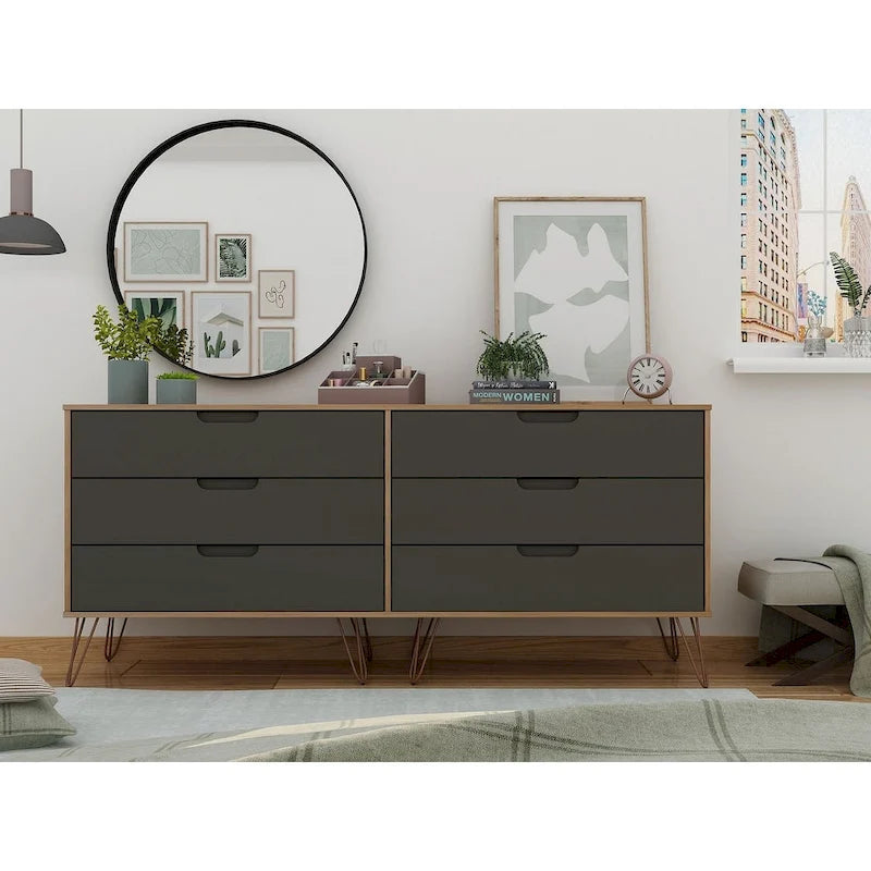 Commode basse double à 6 tiroirs avec pieds en métal, rangement moderne pour chambre à coucher