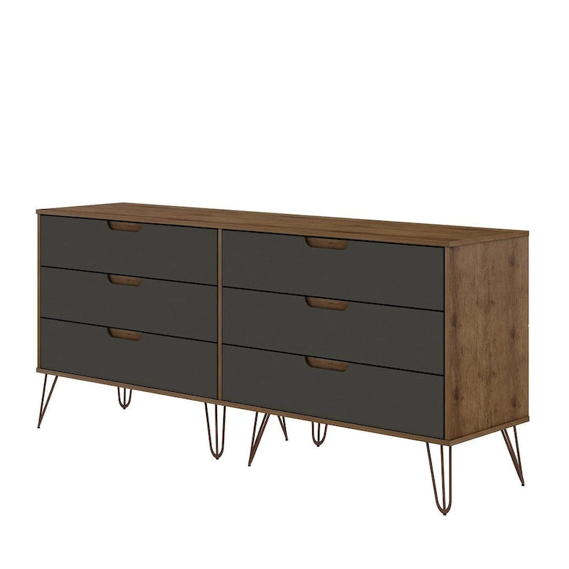 Commode basse double à 6 tiroirs avec pieds en métal, rangement moderne pour chambre à coucher