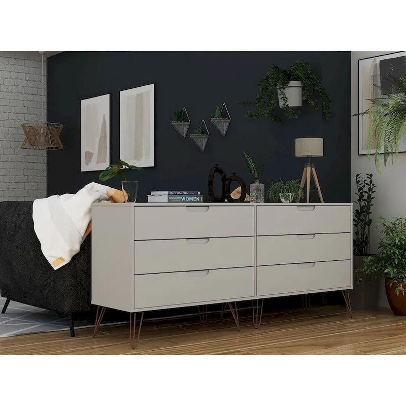 Commode basse double à 6 tiroirs avec pieds en métal, rangement moderne pour chambre à coucher