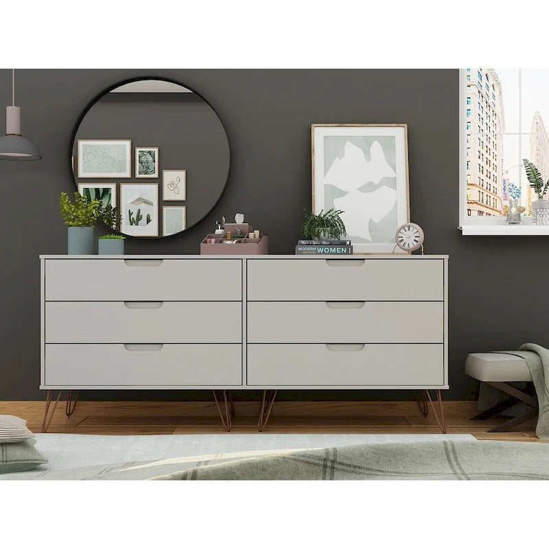 Commode basse double à 6 tiroirs avec pieds en métal, rangement moderne pour chambre à coucher