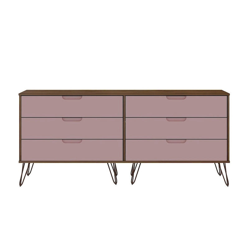 Commode basse double à 6 tiroirs avec pieds en métal, rangement moderne pour chambre à coucher