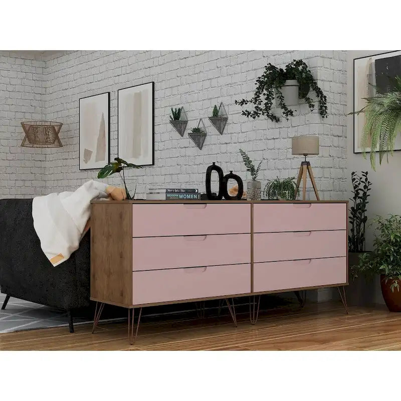 Commode basse double à 6 tiroirs avec pieds en métal, rangement moderne pour chambre à coucher