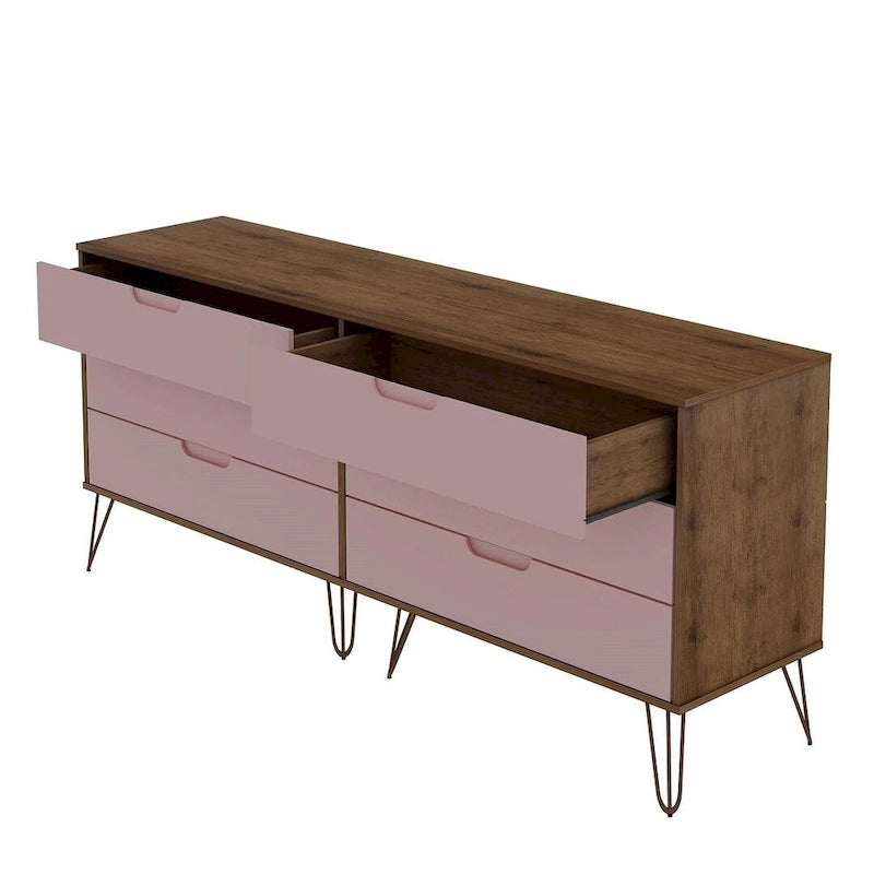 Commode basse double à 6 tiroirs avec pieds en métal, rangement moderne pour chambre à coucher