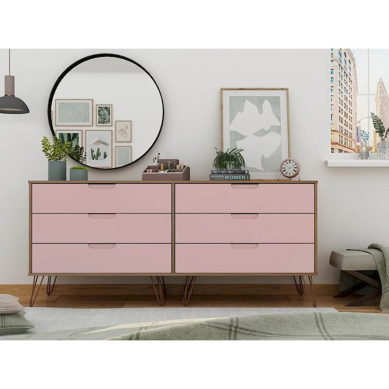 Commode basse double à 6 tiroirs avec pieds en métal, rangement moderne pour chambre à coucher