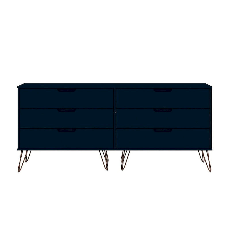 Commode basse double à 6 tiroirs avec pieds en métal, rangement moderne pour chambre à coucher