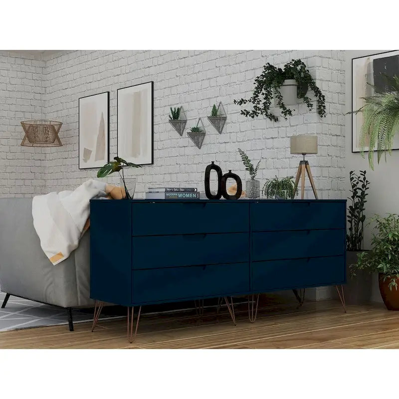 Commode basse double à 6 tiroirs avec pieds en métal, rangement moderne pour chambre à coucher