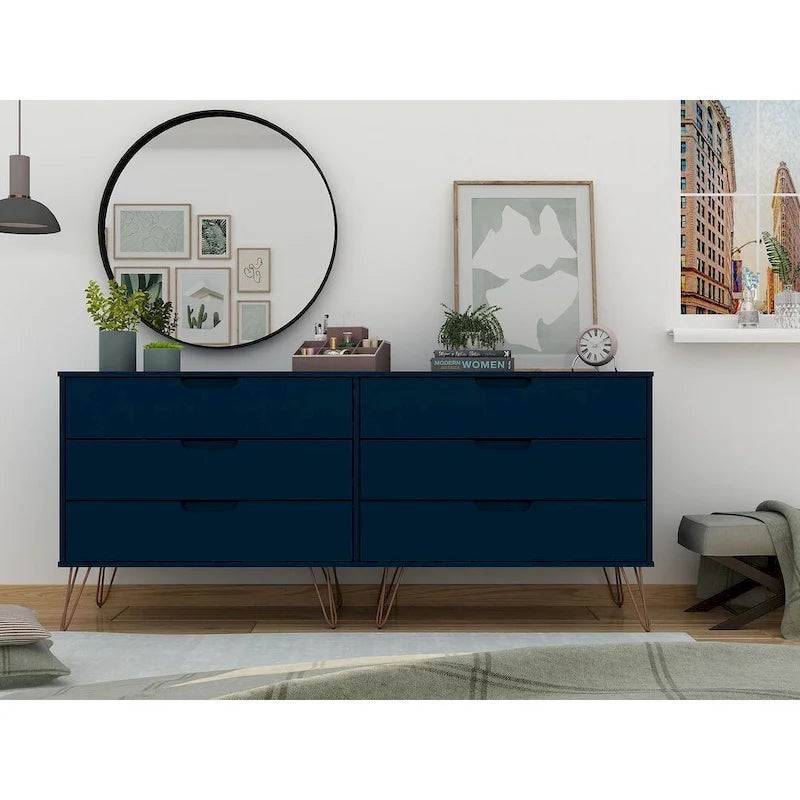 Commode basse double à 6 tiroirs avec pieds en métal, rangement moderne pour chambre à coucher