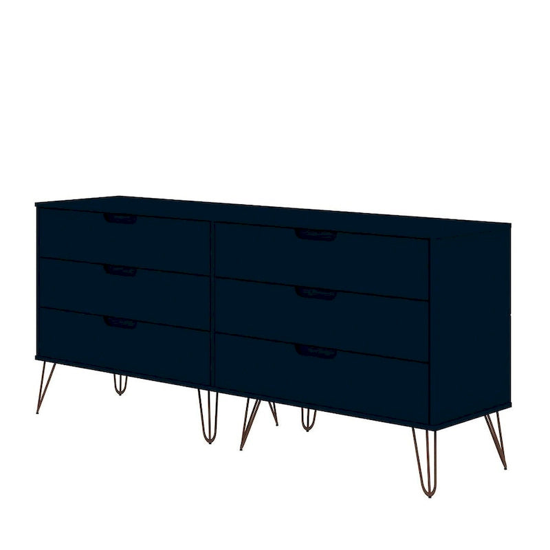Commode basse double à 6 tiroirs avec pieds en métal, rangement moderne pour chambre à coucher
