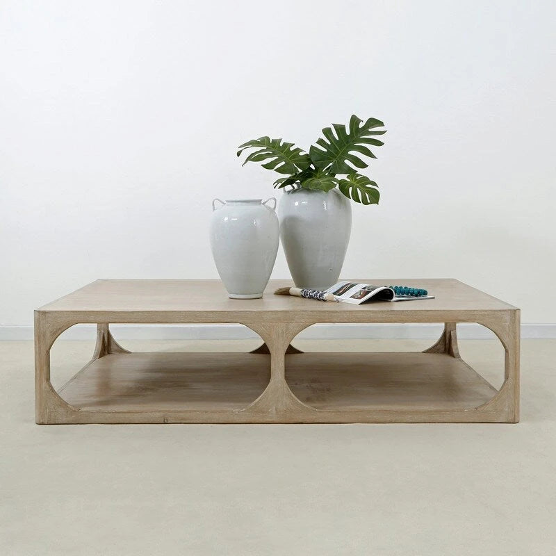 Table basse en bois de récupération faite à la main de 170 cm, finition blanchie patinée, style Ming