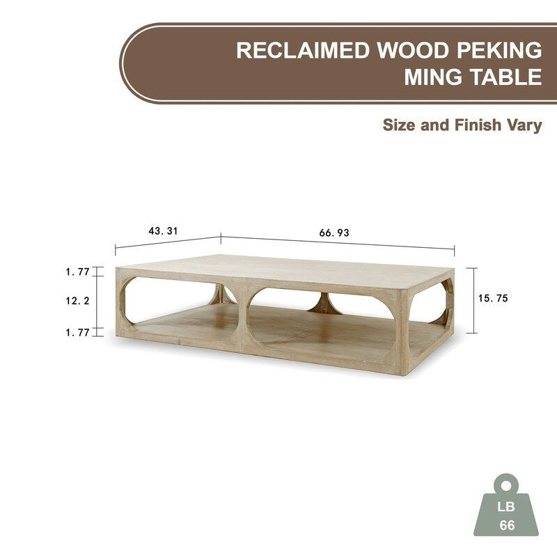 Table basse en bois de récupération faite à la main de 170 cm, finition blanchie patinée, style Ming