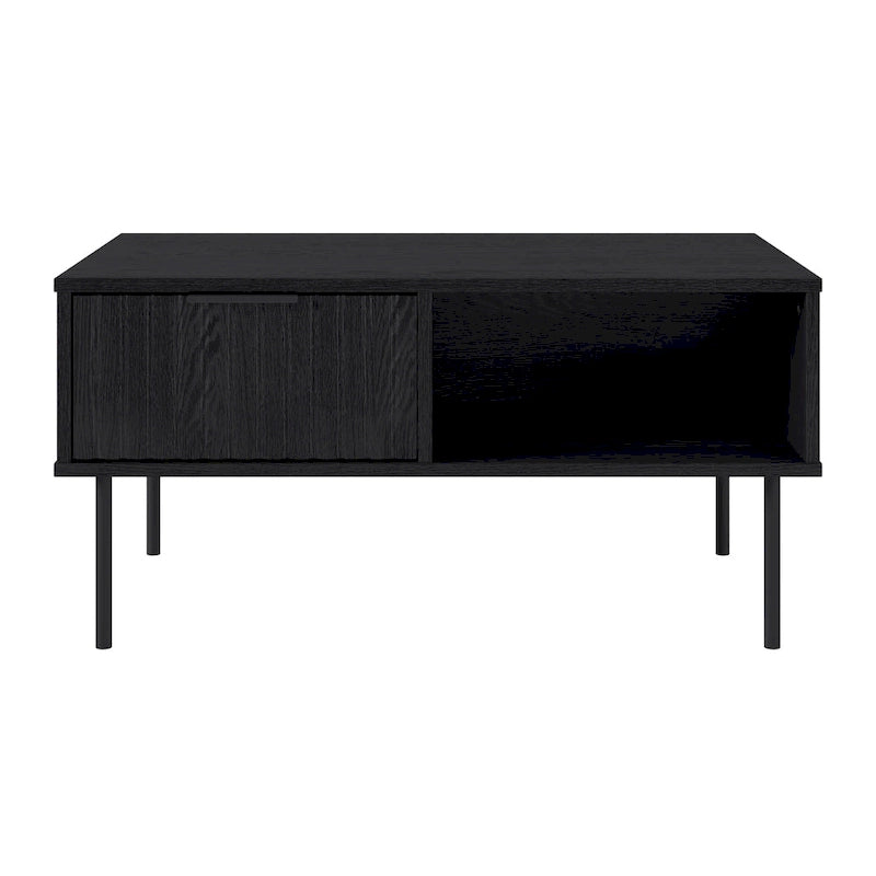 Table basse cannelée avec tiroir et étagère | Grain de bois noir | Pieds en métal | Bois composite
