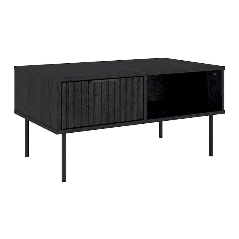 Table basse cannelée avec tiroir et étagère | Grain de bois noir | Pieds en métal | Bois composite