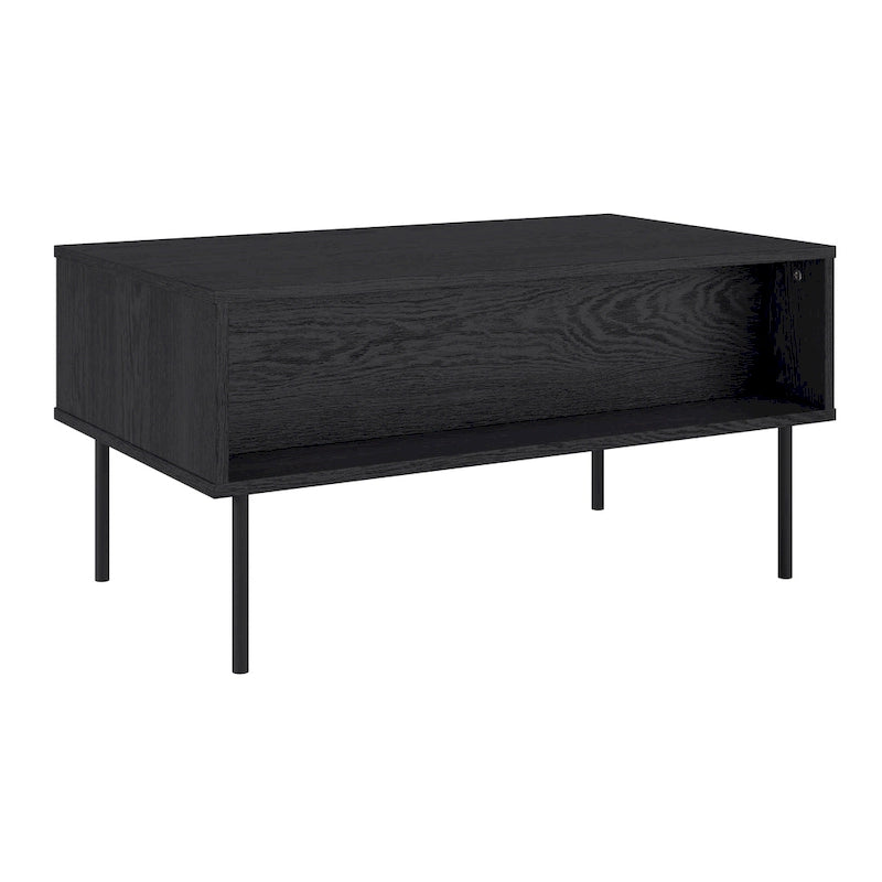 Table basse cannelée avec tiroir et étagère | Grain de bois noir | Pieds en métal | Bois composite