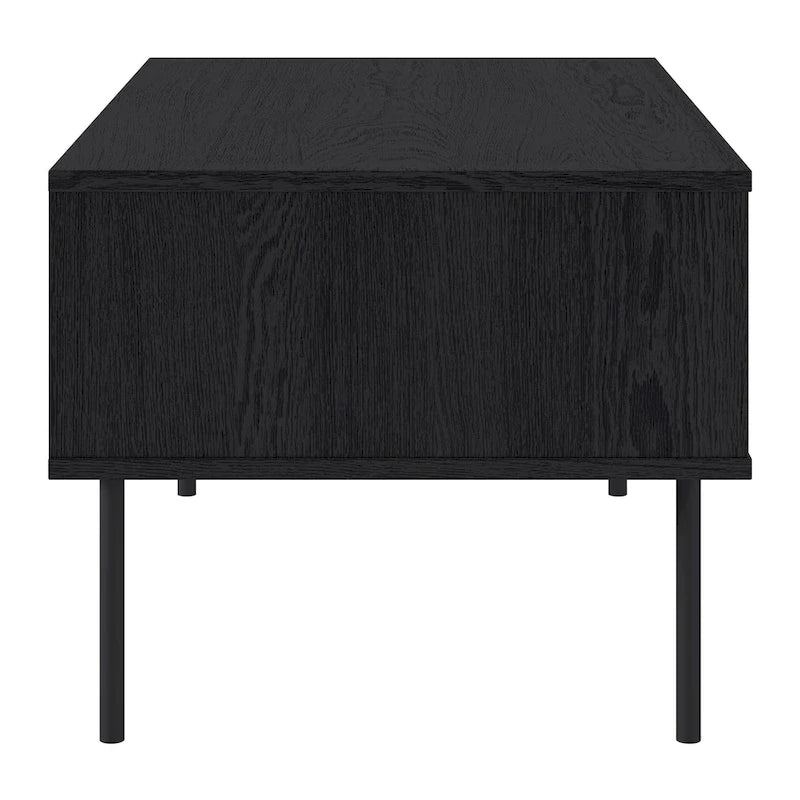 Table basse cannelée avec tiroir et étagère | Grain de bois noir | Pieds en métal | Bois composite
