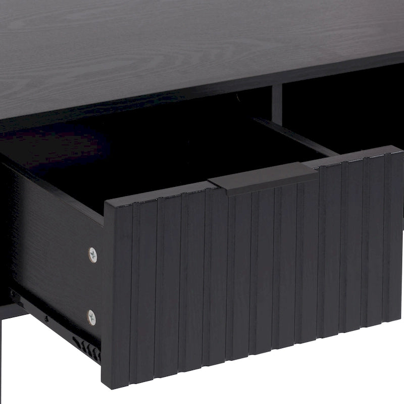 Table basse cannelée avec tiroir et étagère | Grain de bois noir | Pieds en métal | Bois composite
