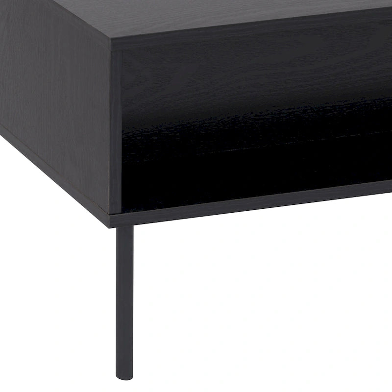 Table basse cannelée avec tiroir et étagère | Grain de bois noir | Pieds en métal | Bois composite