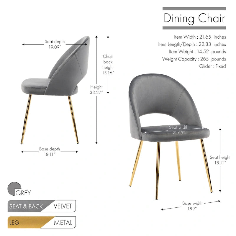 Chaises de salle à manger capitonnées en velours avec pieds en métal doré, lot de 2