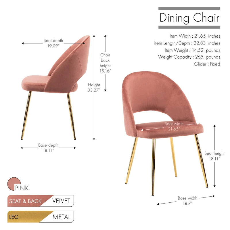 Chaises de salle à manger capitonnées en velours avec pieds en métal doré, lot de 2