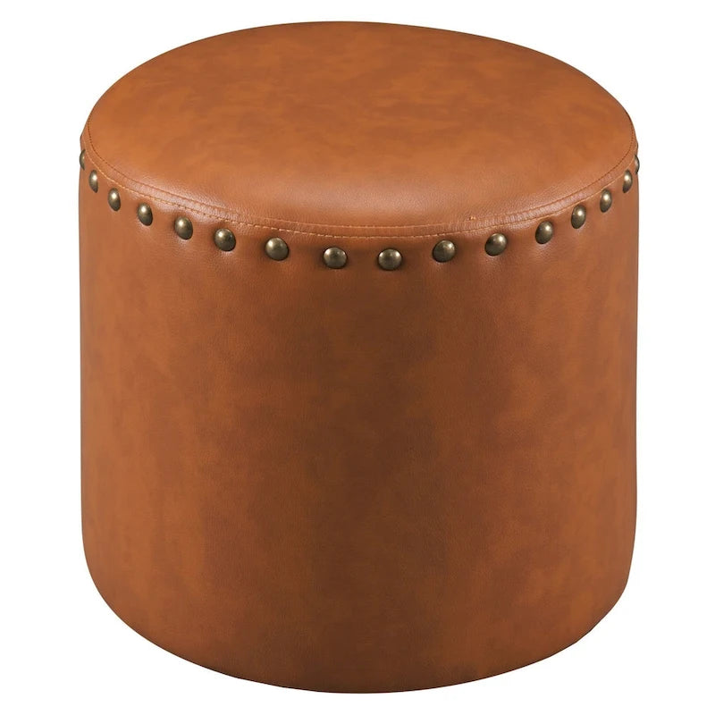 Pouf rond en similicuir | Structure en bois et rembourrage en mousse | 4 coloris | Style bohème
