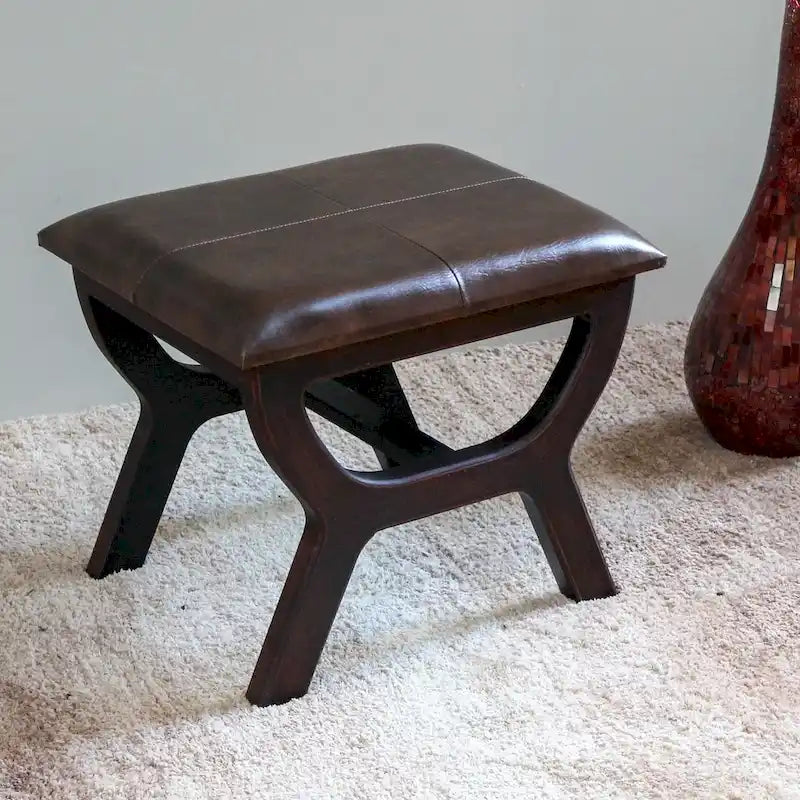 Tabouret de coiffeuse rectangulaire, revêtement en similicuir, finition marron foncé, piètement à 4 pieds