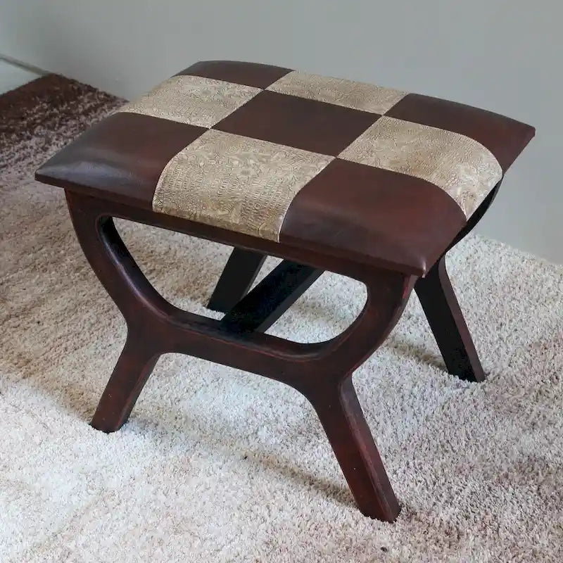 Tabouret de coiffeuse rectangulaire, revêtement en similicuir, finition marron foncé, piètement à 4 pieds