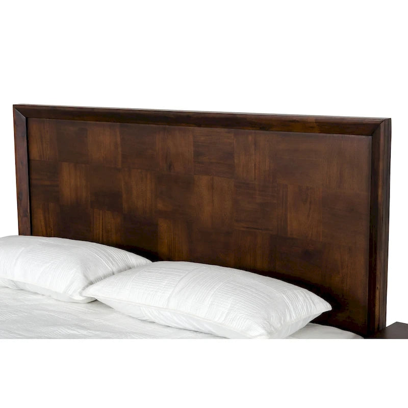 Lit moderne en acacia et laiton | Design patchwork parquet | Grand lit et très grand lit | Placage de mangue
