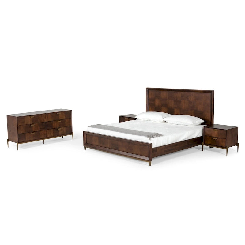 Lit moderne en acacia et laiton | Design patchwork parquet | Grand lit et très grand lit | Placage de mangue