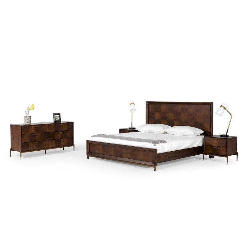 Lit moderne en acacia et laiton | Design patchwork parquet | Grand lit et très grand lit | Placage de mangue
