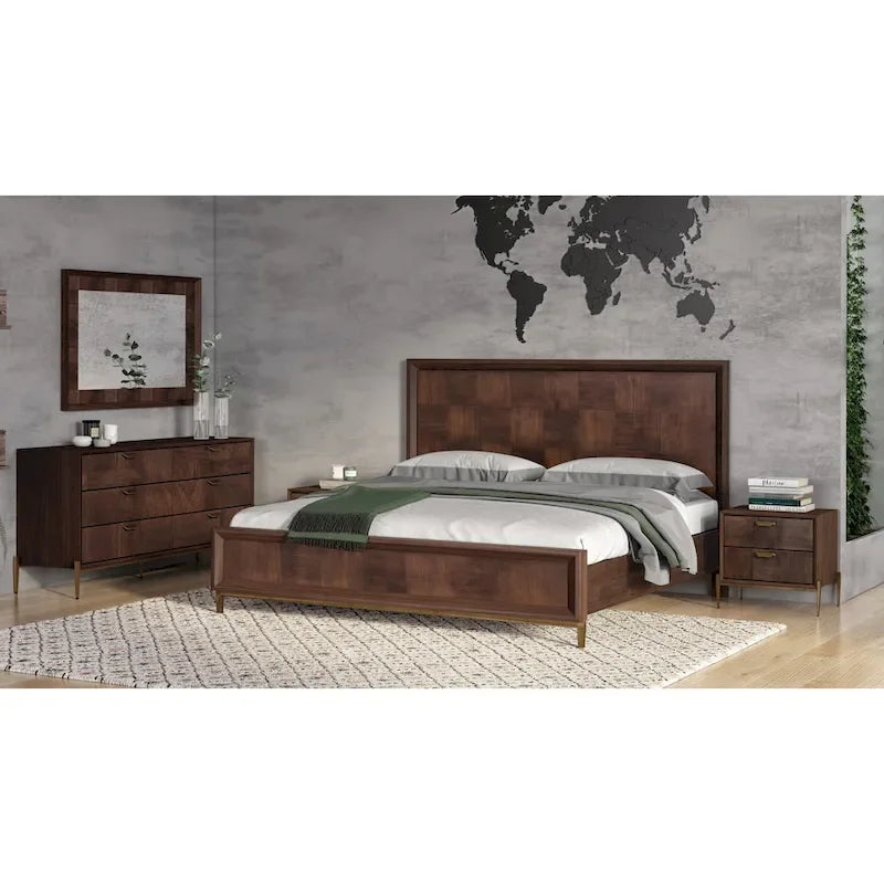 Lit moderne en acacia et laiton | Design patchwork parquet | Grand lit et très grand lit | Placage de mangue