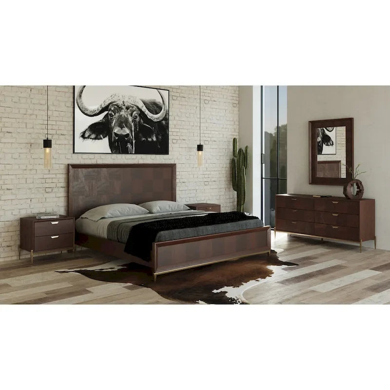 Lit moderne en acacia et laiton | Design patchwork parquet | Grand lit et très grand lit | Placage de mangue