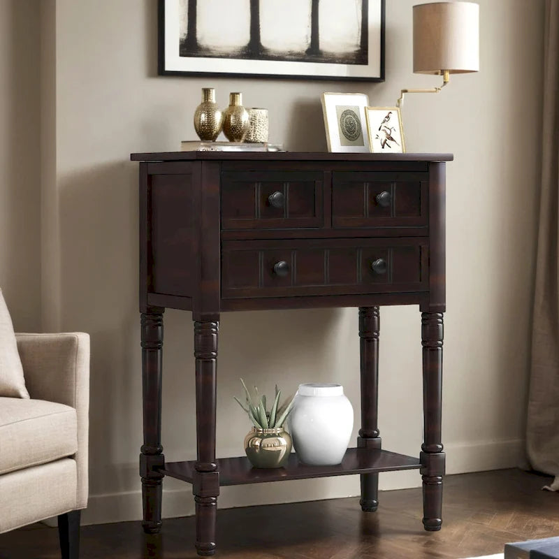Console étroite, table d'entrée rustique, table basse étroite, trois tiroirs de rangement et étagère inférieure