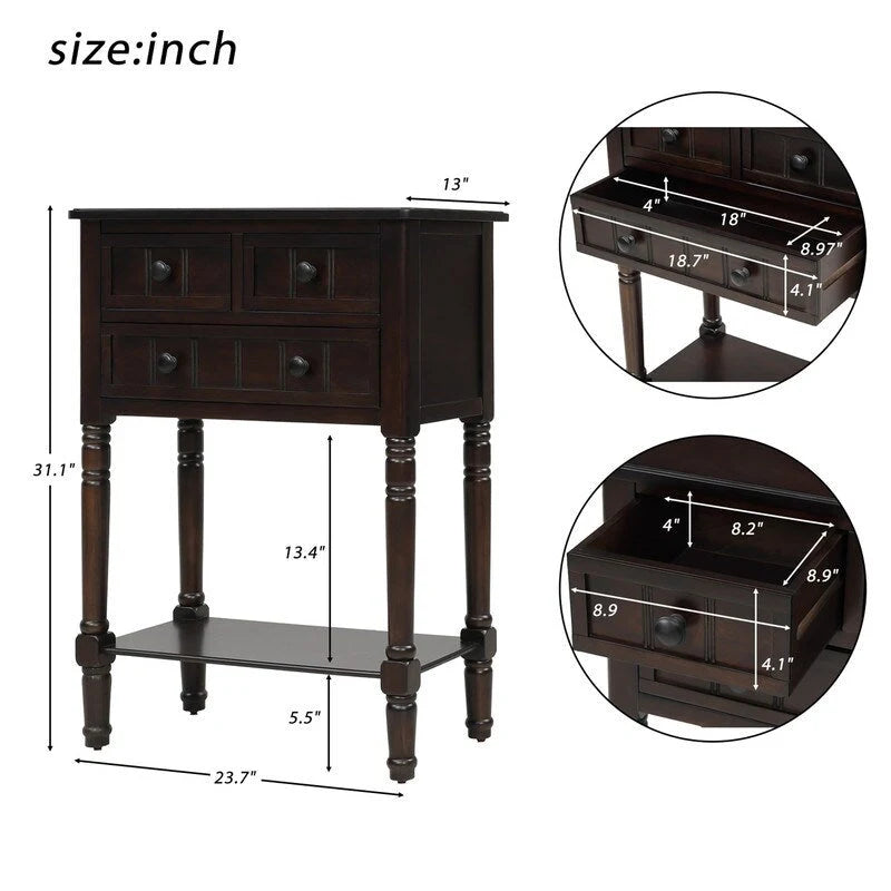 Console étroite, table d'entrée rustique, table basse étroite, trois tiroirs de rangement et étagère inférieure