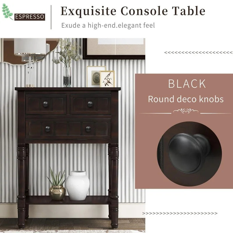 Console étroite, table d'entrée rustique, table basse étroite, trois tiroirs de rangement et étagère inférieure