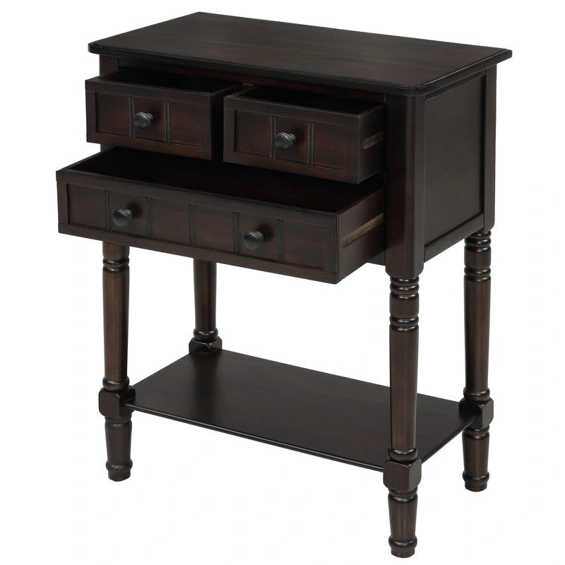 Console étroite, table d'entrée rustique, table basse étroite, trois tiroirs de rangement et étagère inférieure