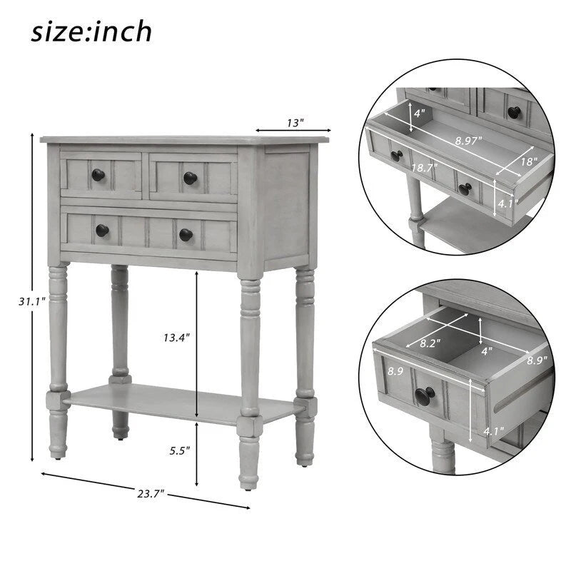 Console étroite, table d'entrée rustique, table basse étroite, trois tiroirs de rangement et étagère inférieure