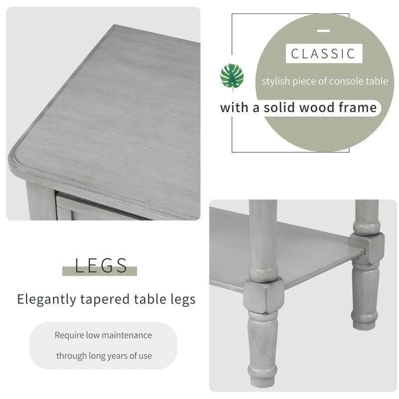 Console étroite, table d'entrée rustique, table basse étroite, trois tiroirs de rangement et étagère inférieure
