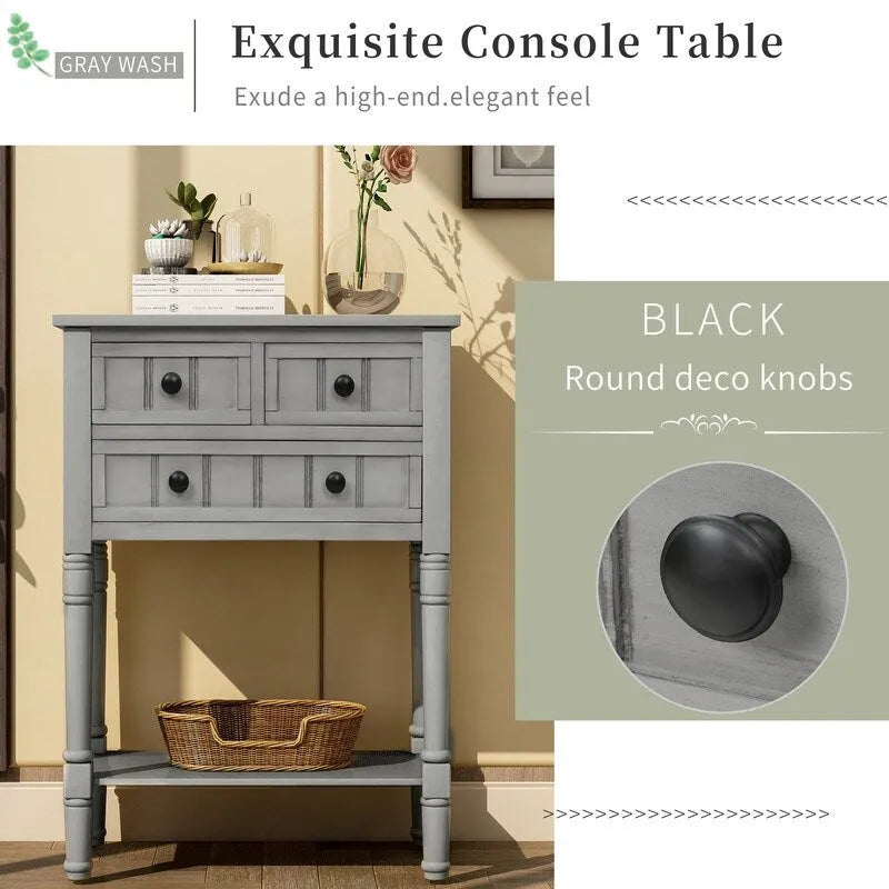 Console étroite, table d'entrée rustique, table basse étroite, trois tiroirs de rangement et étagère inférieure