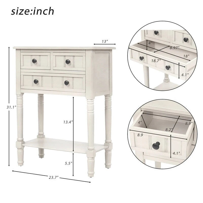 Console étroite, table d'entrée rustique, table basse étroite, trois tiroirs de rangement et étagère inférieure