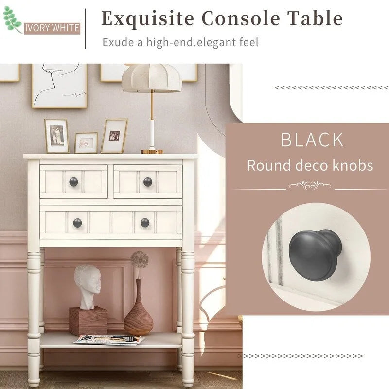 Console étroite, table d'entrée rustique, table basse étroite, trois tiroirs de rangement et étagère inférieure