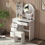 Coiffeuse de maquillage de 80 cm avec miroir LED, 3 couleurs d'éclairage, tabouret rembourré, 5 tiroirs
