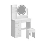 Coiffeuse de maquillage de 80 cm avec miroir LED, 3 couleurs d'éclairage, tabouret rembourré, 5 tiroirs