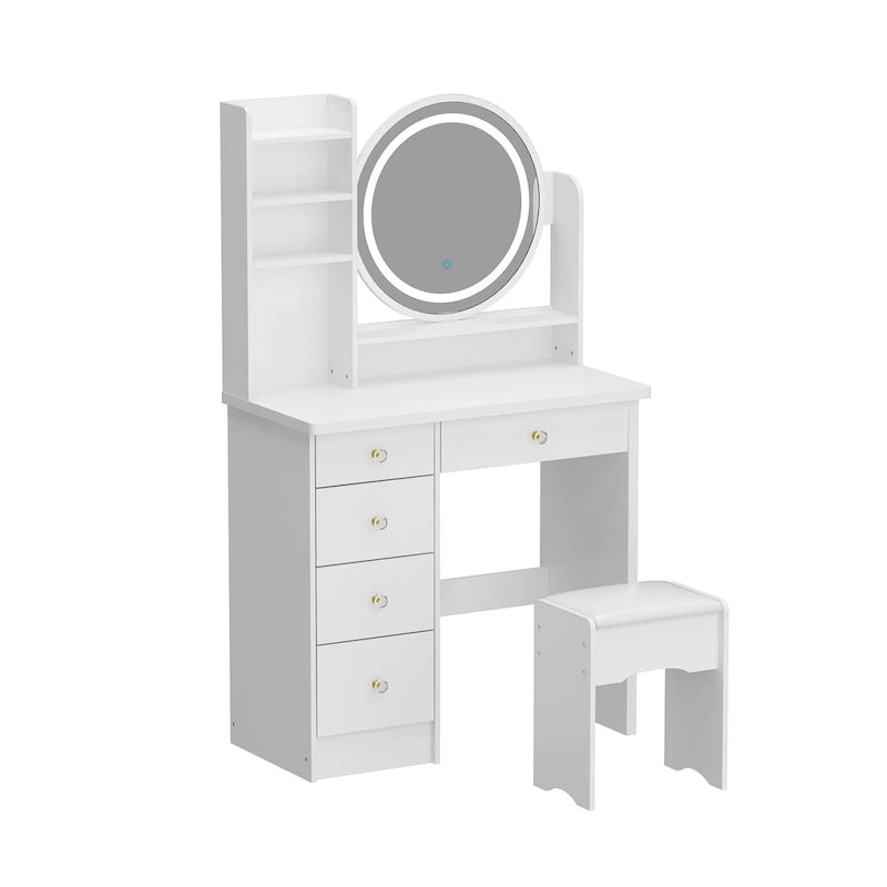 Coiffeuse de maquillage de 80 cm avec miroir LED, 3 couleurs d'éclairage, tabouret rembourré, 5 tiroirs