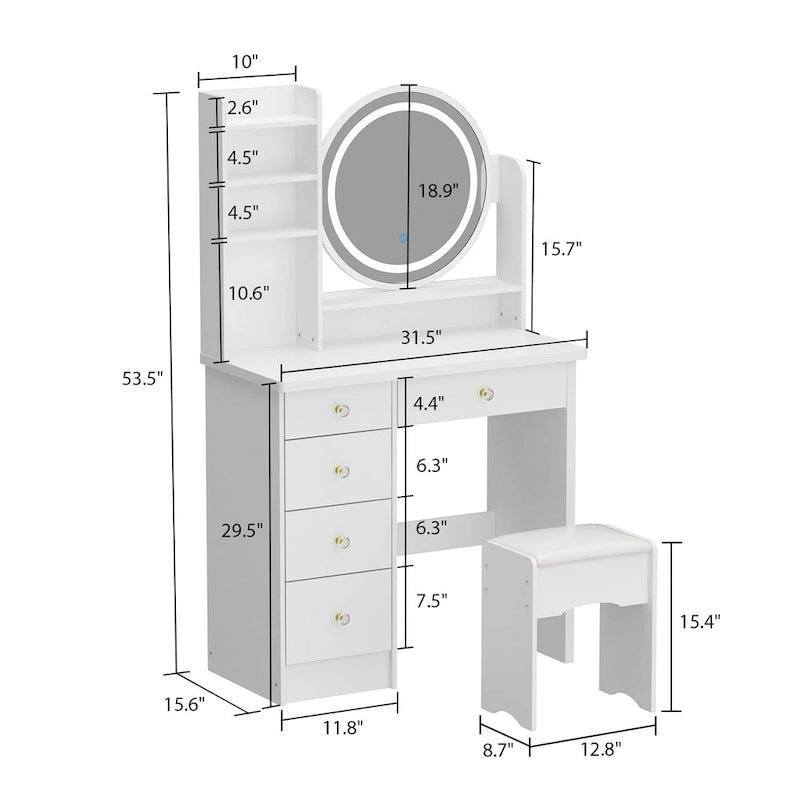 Coiffeuse de maquillage de 80 cm avec miroir LED, 3 couleurs d'éclairage, tabouret rembourré, 5 tiroirs