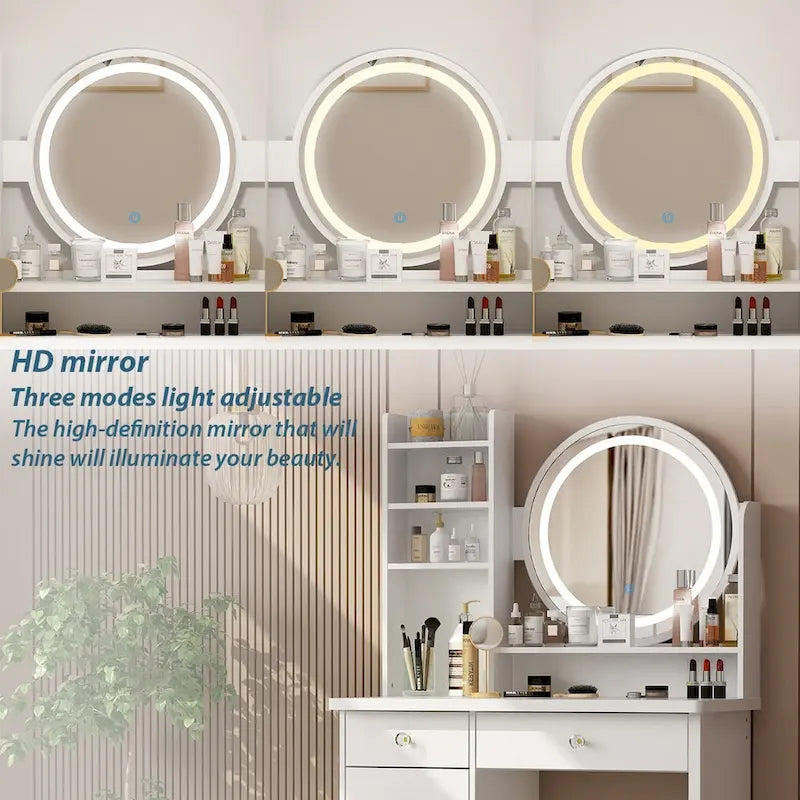 Coiffeuse de maquillage de 80 cm avec miroir LED, 3 couleurs d'éclairage, tabouret rembourré, 5 tiroirs