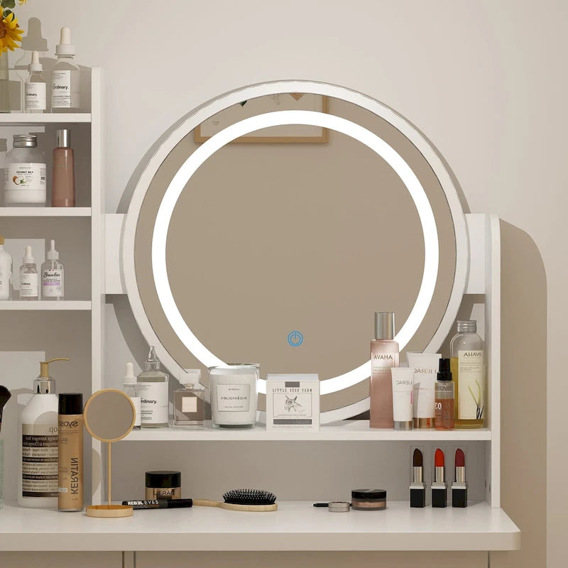 Coiffeuse de maquillage de 80 cm avec miroir LED, 3 couleurs d'éclairage, tabouret rembourré, 5 tiroirs