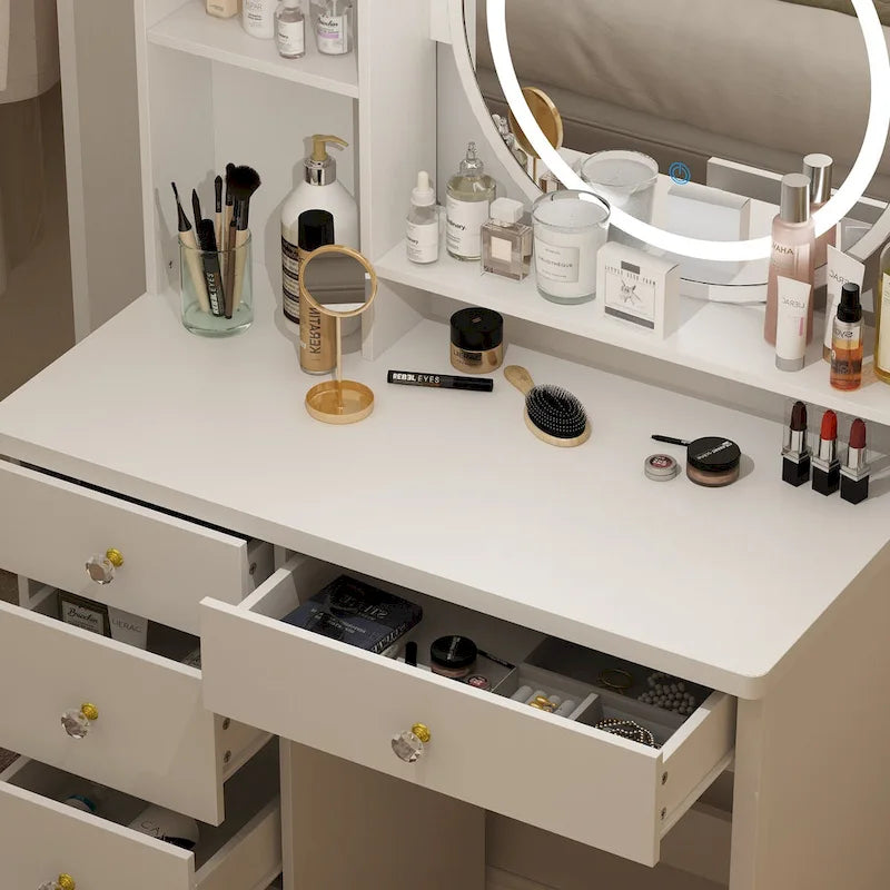 Coiffeuse de maquillage de 80 cm avec miroir LED, 3 couleurs d'éclairage, tabouret rembourré, 5 tiroirs