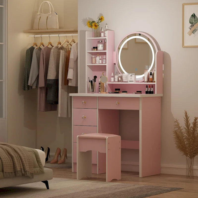 Coiffeuse de maquillage de 80 cm avec miroir LED, 3 couleurs d'éclairage, tabouret rembourré, 5 tiroirs